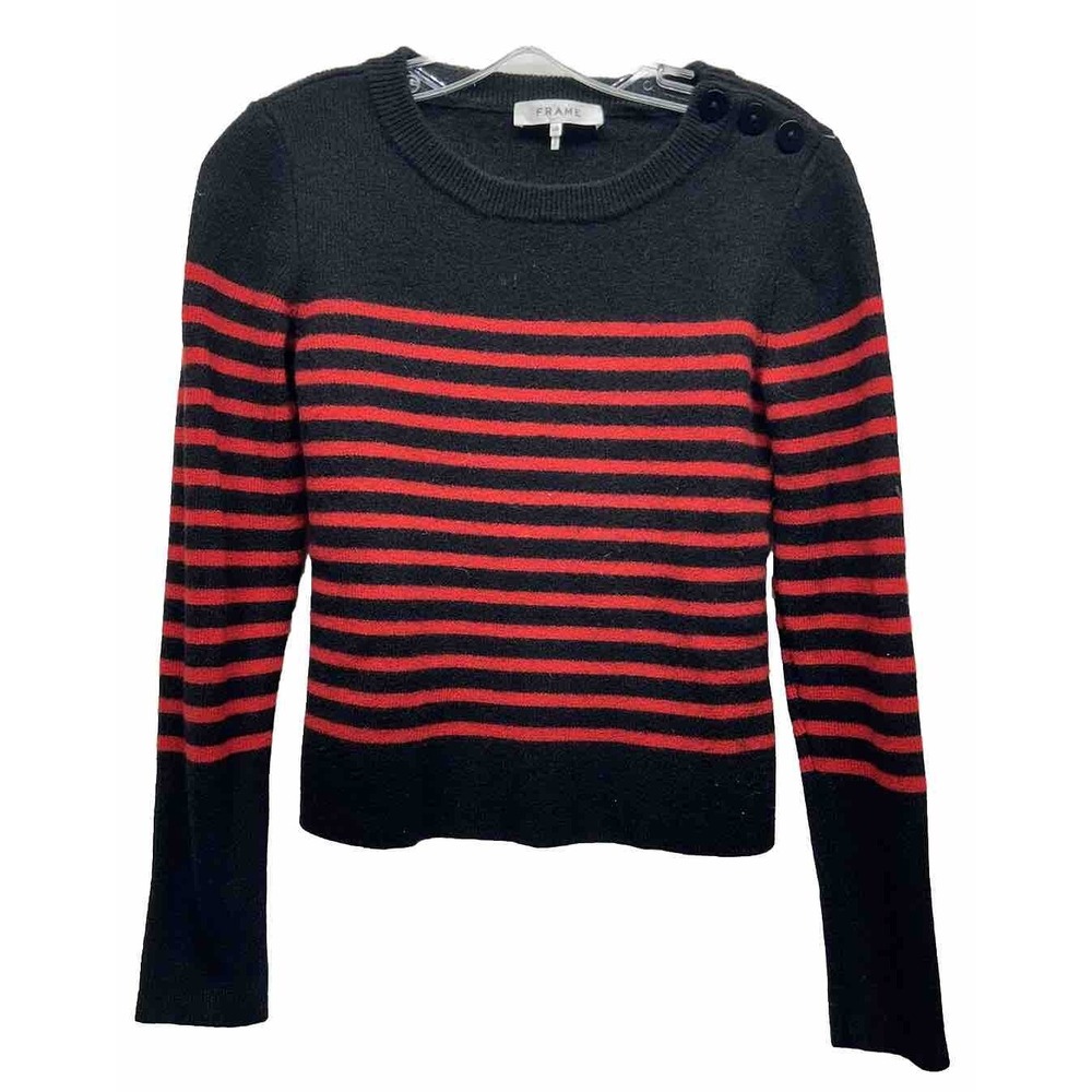 Frame Womens Size L Red Black Button Shoulder Merino Wool Pullover Sweater (K2)